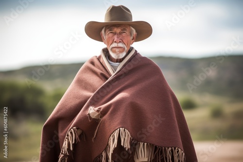 Tela Environmental portrait photography of a tender old man wearing a unique poncho against a sprawling ranch background