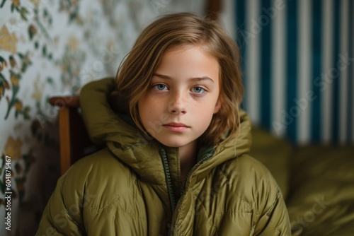 Photography in the style of pensive portraiture of a glad kid female wearing a lightweight windbreaker against a charming bed and breakfast background. With generative AI technology
