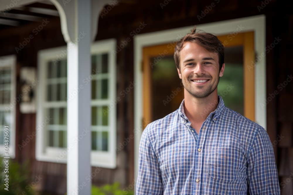 Environmental portrait photography of a grinning boy in his 30s wearing a casual short-sleeve shirt against a charming bed and breakfast background. With generative AI technology Environmental portrait photography of a grinning boy in his 30s wearing a casual short-sleeve shirt against a charming bed and breakfast background. With generative AI technology
