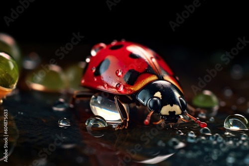 Beautiful red ladybug on a green leaf with water drops close up, a moment in nature captured with Generative AI © CreativeCanvas