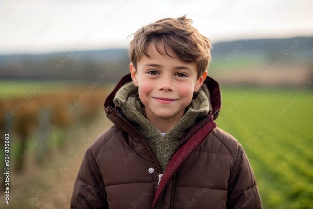 Close-up portrait photography of a glad kid male wearing a warm parka against a picturesque vineyard background. With generative AI technology Close-up portrait photography of a glad kid male wearing a warm parka against a picturesque vineyard background. With generative AI technology