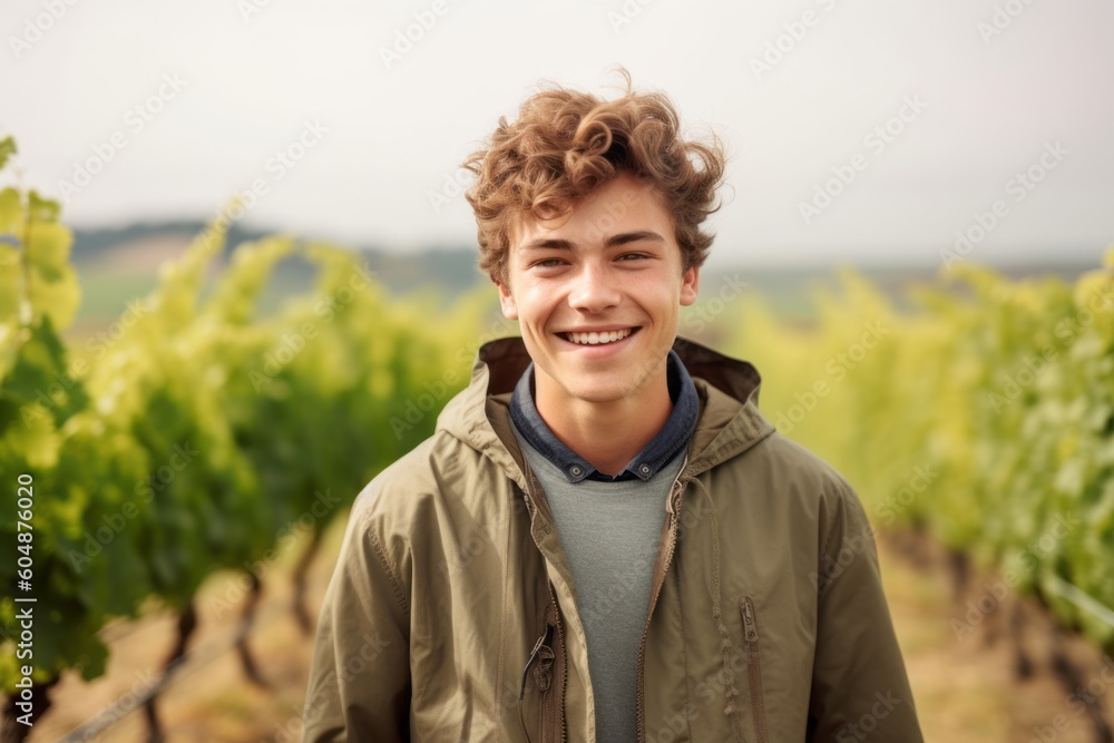 Environmental portrait photography of a happy mature boy wearing a lightweight windbreaker against a picturesque vineyard background. With generative AI technology