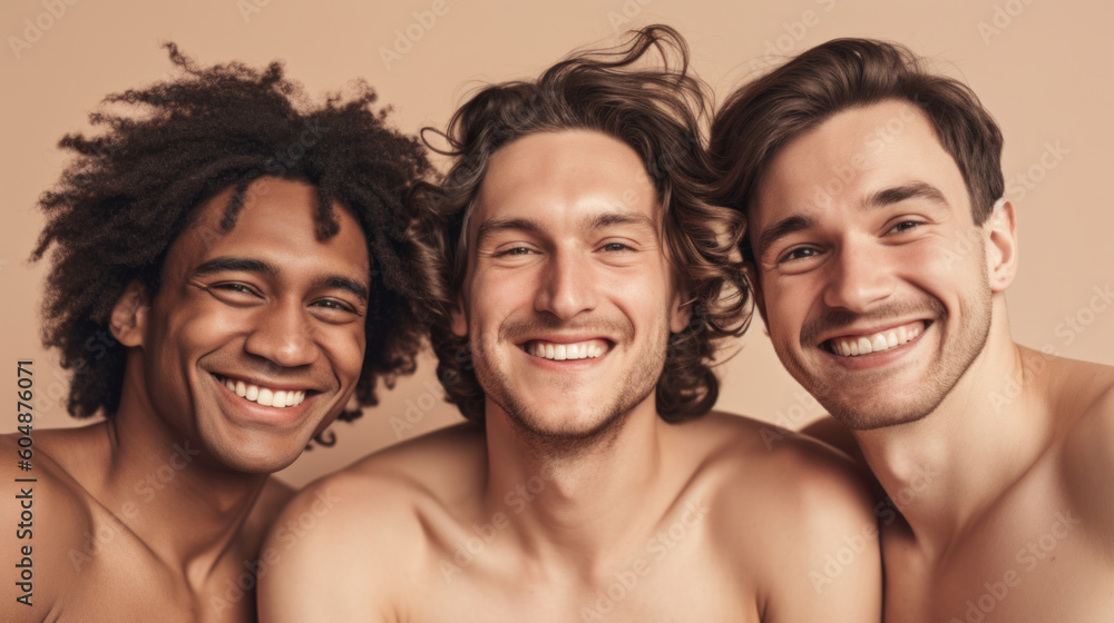 Vibrant energy and friendship of three men, as they pose and smile in a light studio setting. Generative AI Vibrant energy and friendship of three men, as they pose and smile in a light studio setting. Generative AI