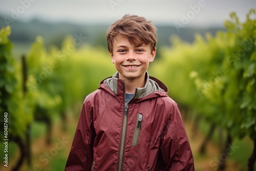 Environmental portrait photography of a happy mature boy wearing a lightweight windbreaker against a picturesque vineyard background. With generative AI technology