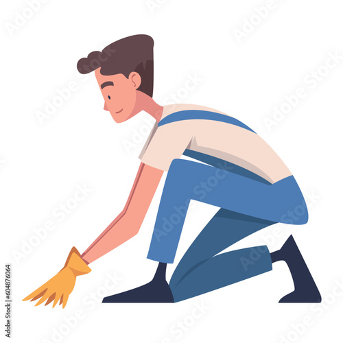 Man Construction Worker Character in Blue Overall Engaged in Roof Repair Vector Illustration