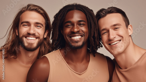 Three men friends smile happily in a light studio portrait. Generative AI