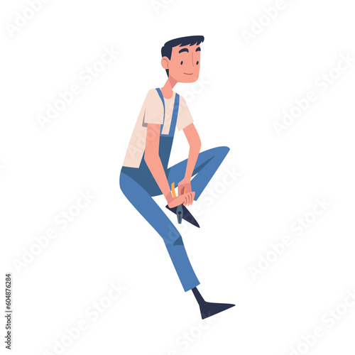 Man Construction Worker Character Sitting with Pliers Engaged in Roof Repair Vector Illustration
