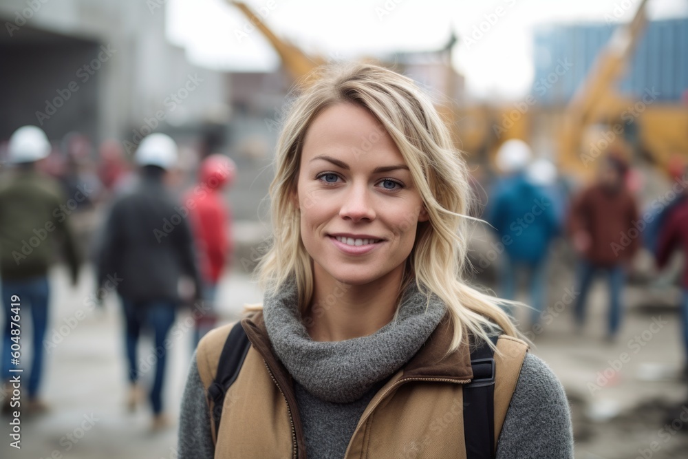 Medium shot portrait photography of a satisfied girl in her 30s wearing a cozy sweater against a busy construction site background. With generative AI technology