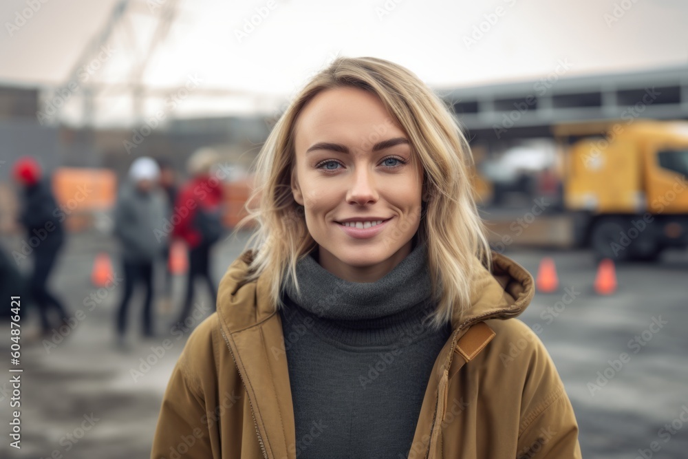 Fototapeta premium Medium shot portrait photography of a satisfied girl in her 30s wearing a cozy sweater against a busy construction site background. With generative AI technology