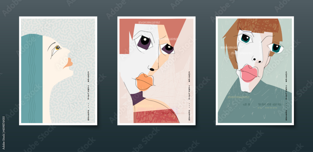 Set of abstract vector, drawing and painting human faces. Illustration minimal doodle portrait. Colorful geometric shapes. Modern contemporary art, graphic design for artwork, poster, cover background Set of abstract vector, drawing and painting human faces. Illustration minimal doodle portrait. Colorful geometric shapes. Modern contemporary art, graphic design for artwork, poster, cover background