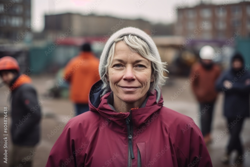 Medium shot portrait photography of a grinning mature woman wearing a lightweight windbreaker against a busy construction site background. With generative AI technology Medium shot portrait photography of a grinning mature woman wearing a lightweight windbreaker against a busy construction site background. With generative AI technology
