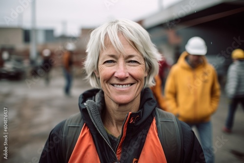 Medium shot portrait photography of a grinning mature woman wearing a lightweight windbreaker against a busy construction site background. With generative AI technology