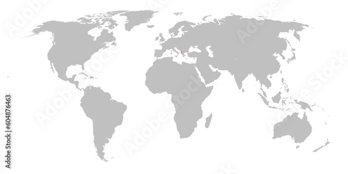 Vector map of the world with the country of Albania highlighted in Pink on grey white background.