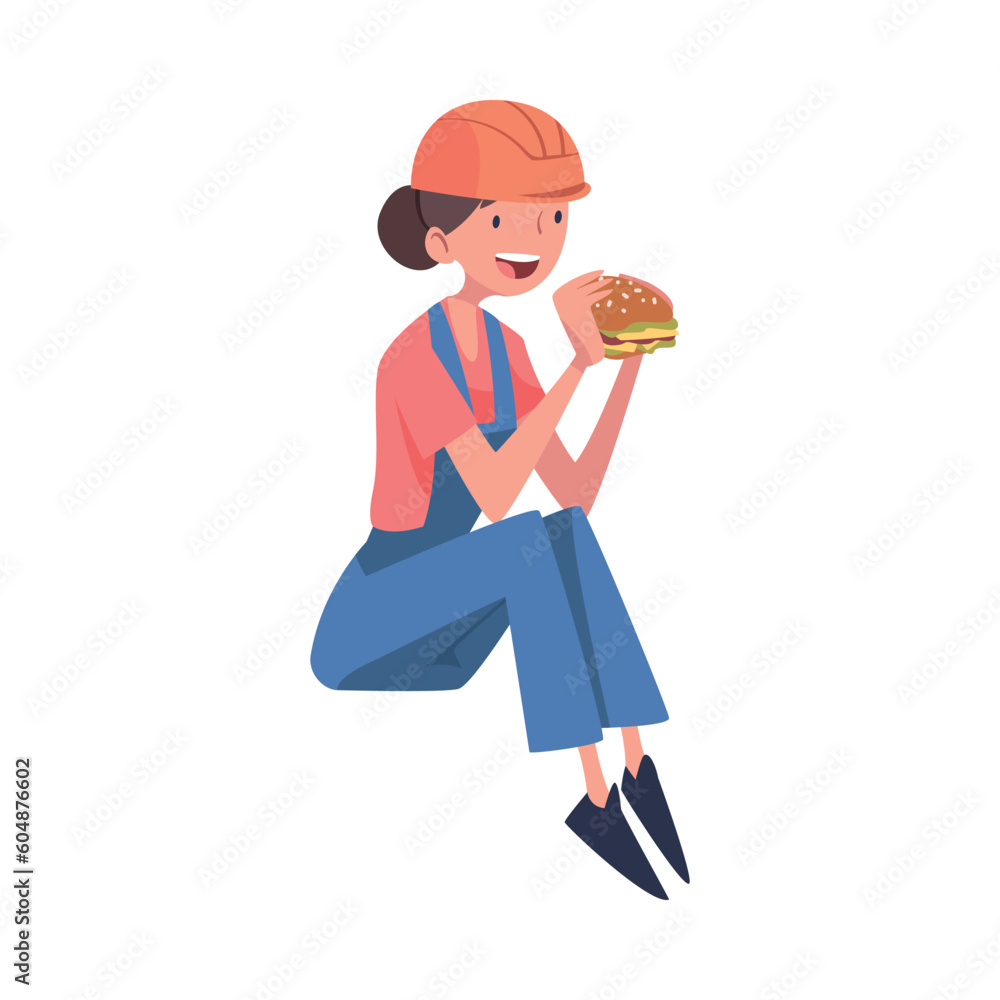 Woman Construction Worker Character in Hard Hat and Overall Sitting and Eating Hamburger Vector Illustration Woman Construction Worker Character in Hard Hat and Overall Sitting and Eating Hamburger Vector Illustration
