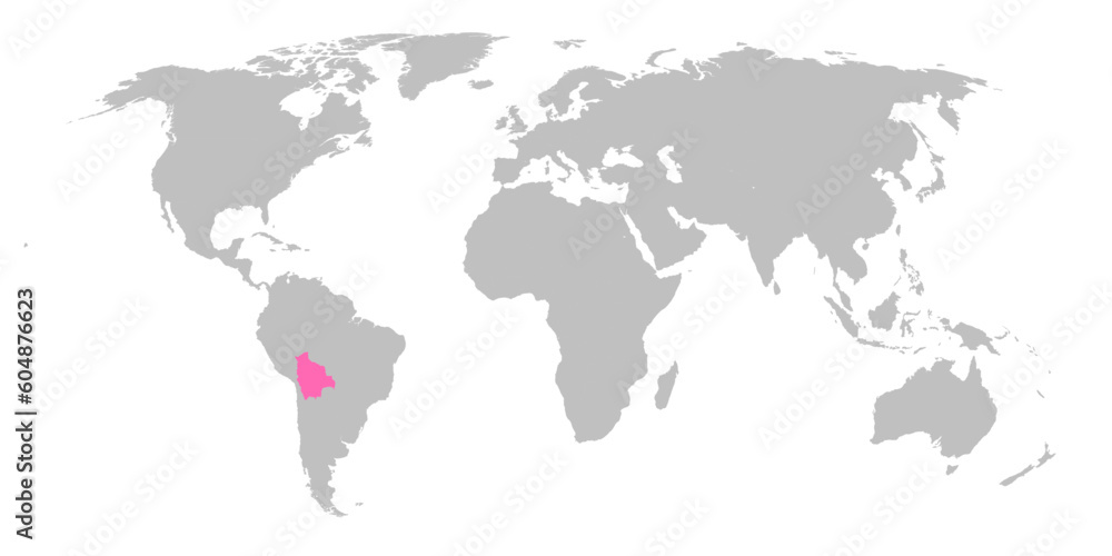 Obraz premium Vector map of the world with the country of Bolivia highlighted in Pink on grey white background.