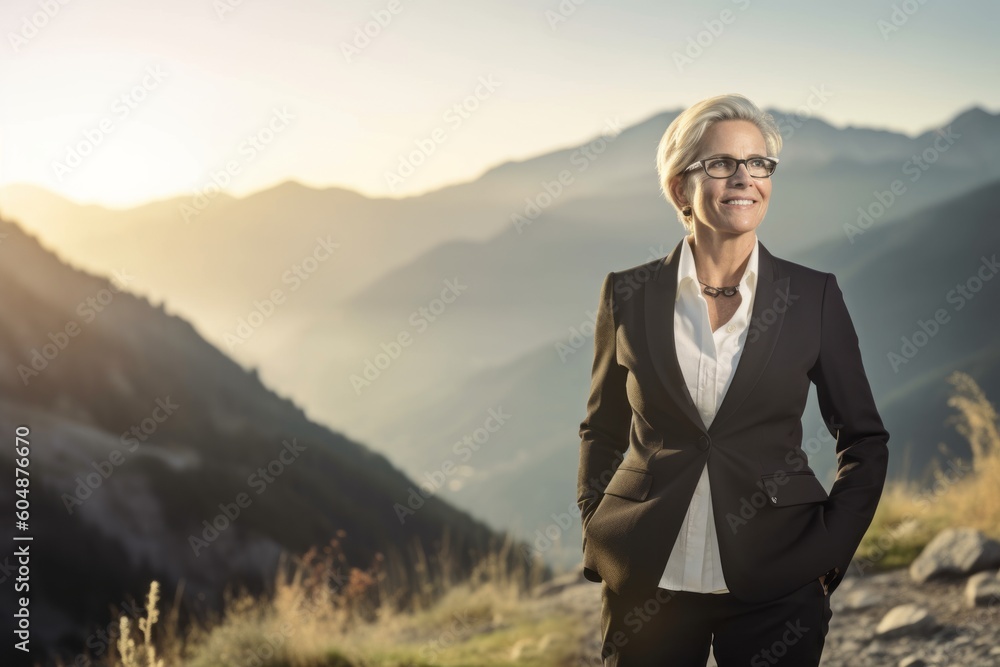 Lifestyle portrait photography of a glad mature woman wearing a sleek suit against a scenic mountain trail background. With generative AI technology Lifestyle portrait photography of a glad mature woman wearing a sleek suit against a scenic mountain trail background. With generative AI technology