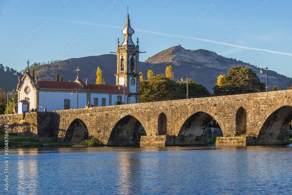 Church of Santo Antonio da Torre Velha and Roman bridge in Ponte de Lima town in historical Minho Province, Portugal