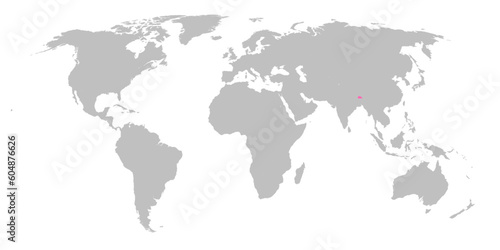 Vector map of the world with the country of Bhutan highlighted in Pink on grey white background.