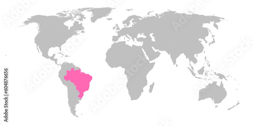 Vector map of the world with the country of Brazil highlighted in Pink on grey white background.