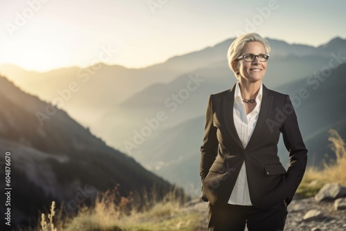 Lifestyle portrait photography of a glad mature woman wearing a sleek suit against a scenic mountain trail background. With generative AI technology © Markus Schröder
