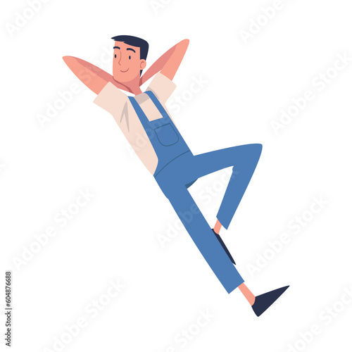 Man Construction Worker Character in Blue Overall Lying on Roof Top Vector Illustration