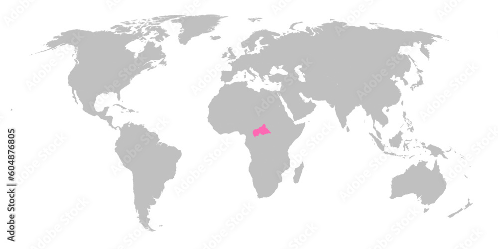 Vector map of the world with the country of Central African Republic highlighted in Pink on grey white background.