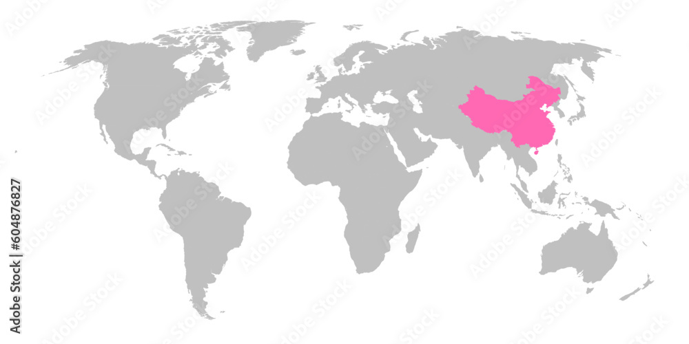 Vector map of the world with the country of China highlighted in Pink on grey white background.