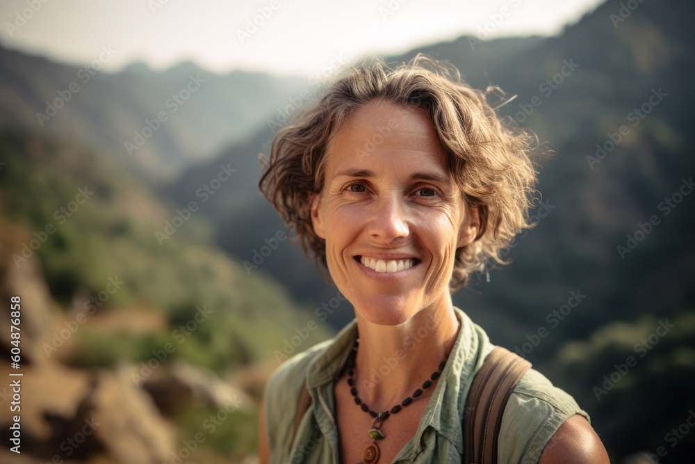 Environmental portrait photography of a joyful mature girl wearing a casual short-sleeve shirt against a scenic mountain trail background. With generative AI technology Environmental portrait photography of a joyful mature girl wearing a casual short-sleeve shirt against a scenic mountain trail background. With generative AI technology