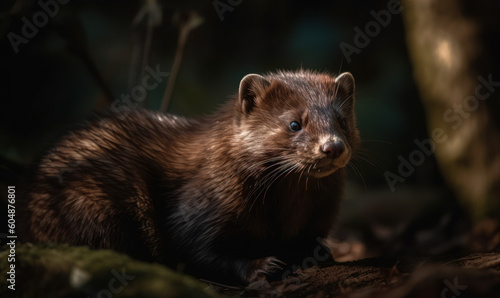 Photo of mink (mammal), captured in a typical woodland setting, with its sleek fur glistening in the dappled sunlight. Generative AI © Bartek