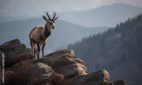 Photo of markhor  Capra falconeri   perched on a rocky outcrop overlooking a sprawling mountain range. images highlighs the markhor s majestic horns and striking coat. Generative AI