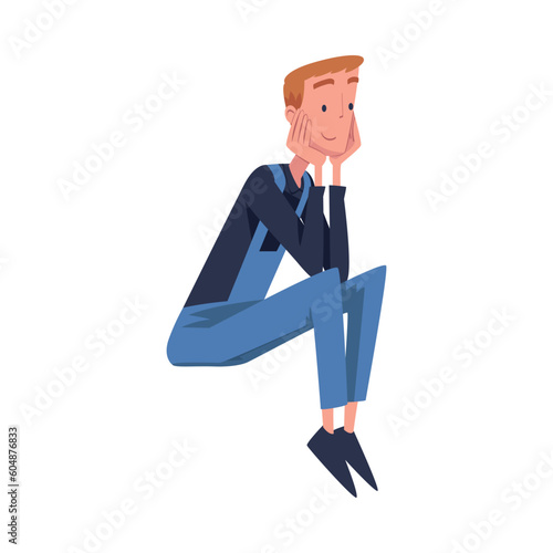 Man Construction Worker Character in Blue Overall Sitting on Roof Top Vector Illustration