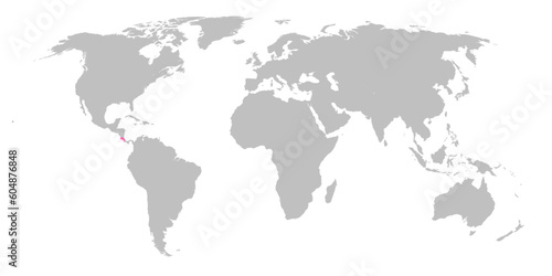 Vector map of the world with the country of Costa Rica highlighted in Pink on grey white background.