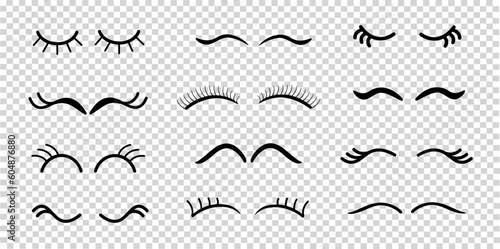 Set of closed eyes. Female black eyelashes. Cute animal or unicorn eyes. Icons in cartoon style. Vector, isolated elements.	