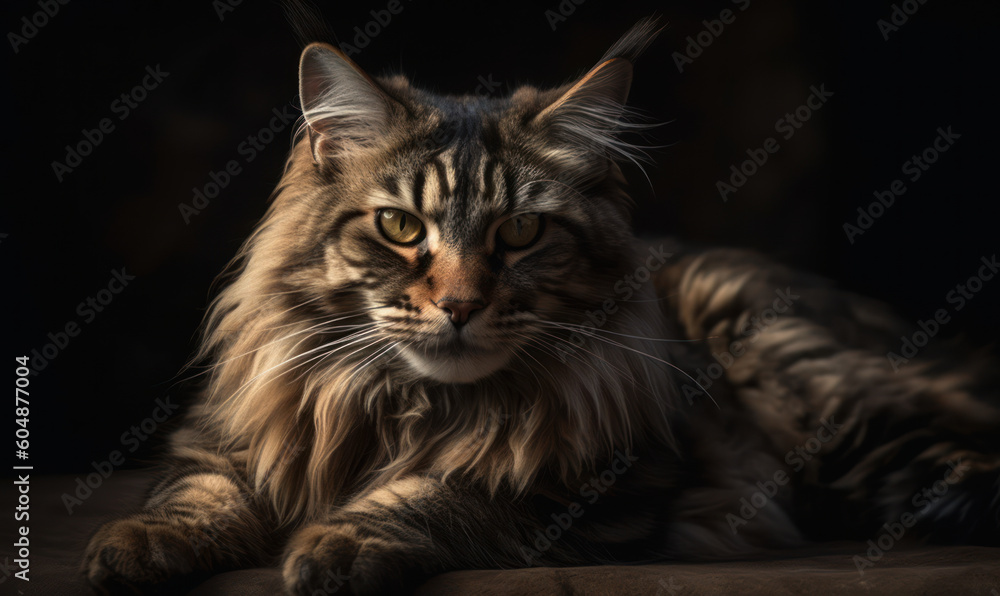 closeup photo of Maine coon cat on blurry dark background. Generative AI closeup photo of Maine coon cat on blurry dark background. Generative AI