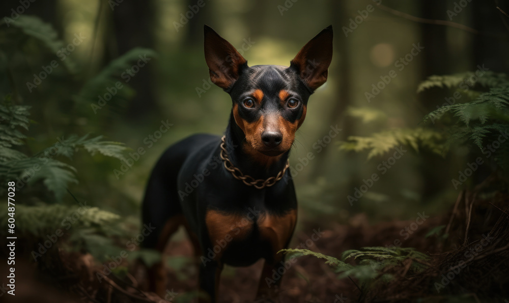 photo of Miniature Pinscher outdoors on a forest path. Generative AI