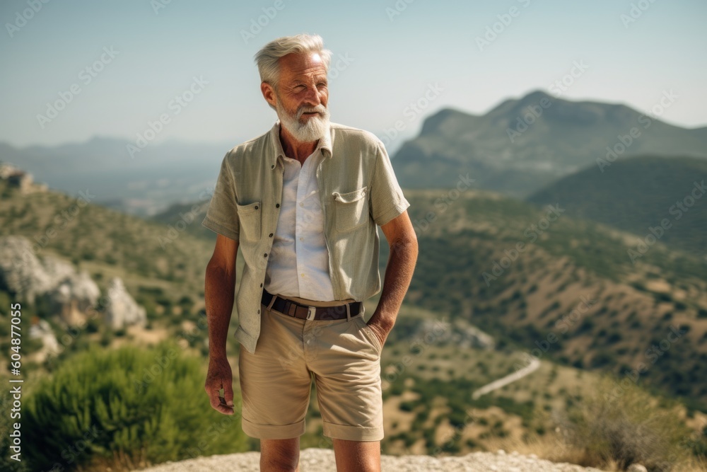 Medium shot portrait photography of a glad old man wearing breezy shorts against a scenic mountain trail background. With generative AI technology