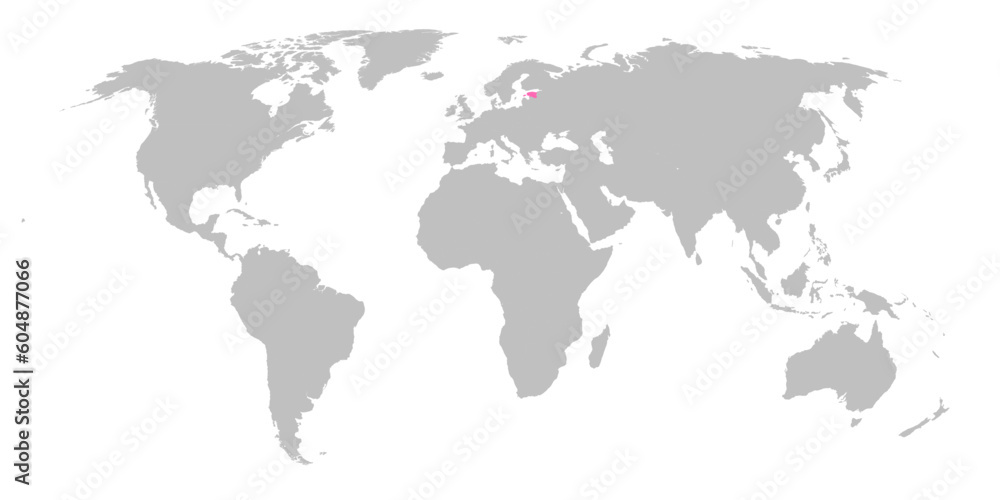 Naklejka premium Vector map of the world with the country of Estonia highlighted in Pink on grey white background.