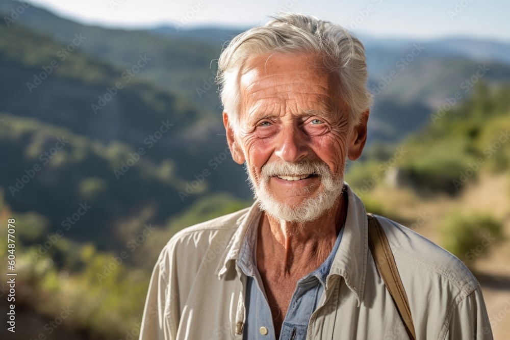 Medium shot portrait photography of a glad old man wearing a classy button-up shirt against a scenic mountain trail background. With generative AI technology