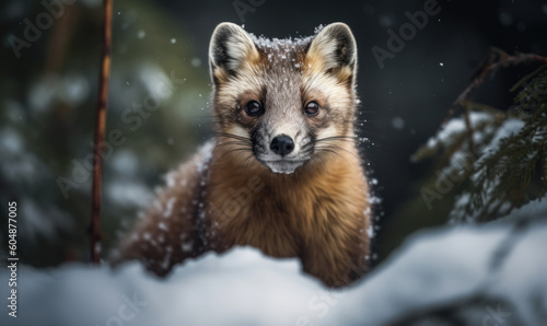 Photo of marten (mammal), captured in a dense, snow-covered forest as it stealthily stalks its prey. portrait captures the elusive beauty of this fierce predator in its natural habitat. Generative AI