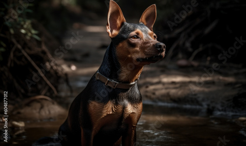 photo of Miniature Pinscher outdoors in a forest. Generative AI