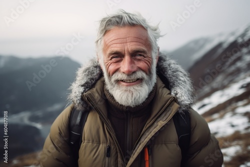 Close-up portrait photography of a grinning old man wearing a cozy winter coat against a scenic mountain trail background. With generative AI technology