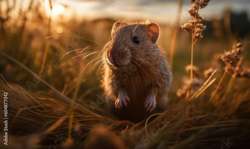 photo of lemming standing in tall grass at sunset. Generative AI photo