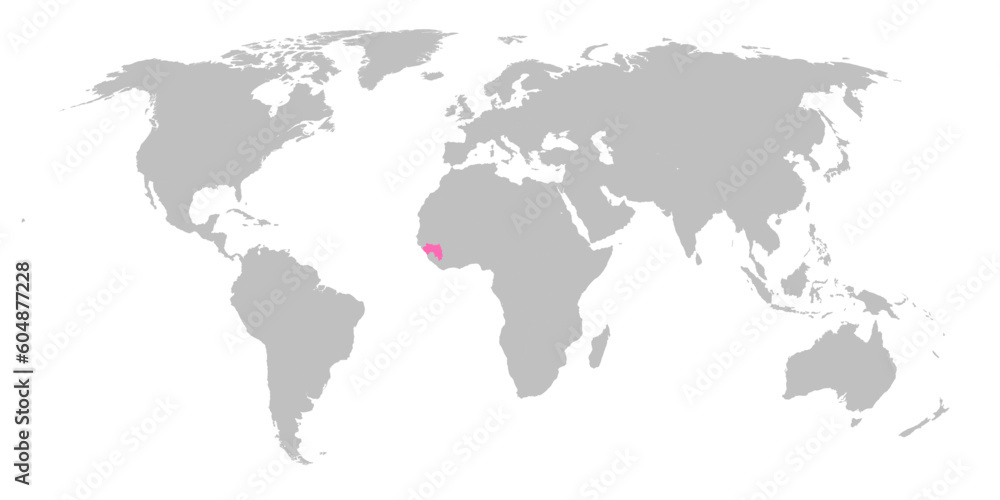 Vector map of the world with the country of Guinea highlighted in Pink on grey white background.
