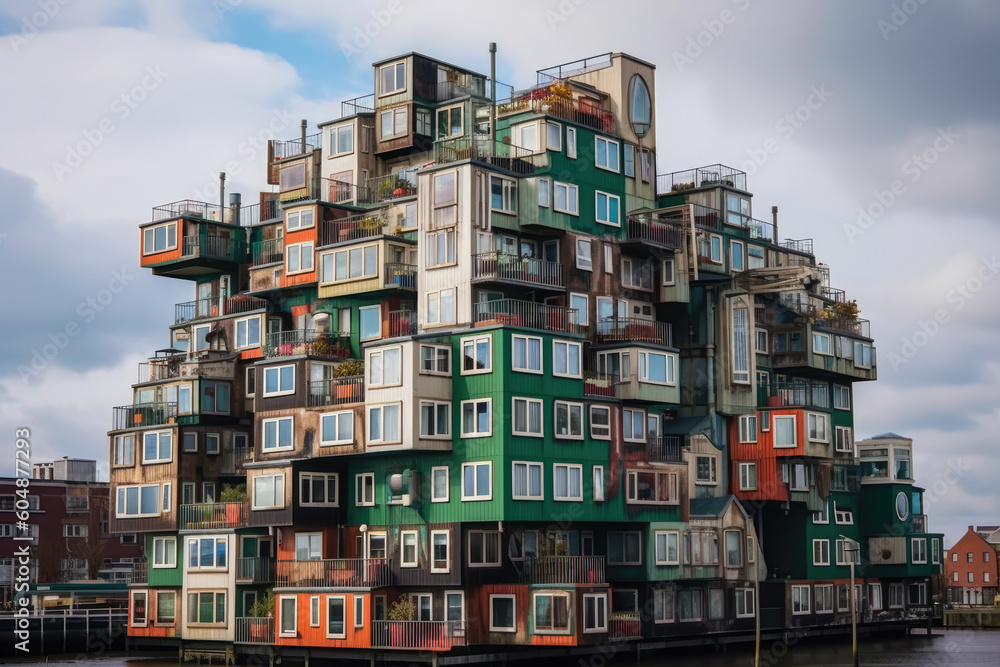 An old wooden building, with numerous colorful outbuildings. Generative AI. An old wooden building, with numerous colorful outbuildings. Generative AI.