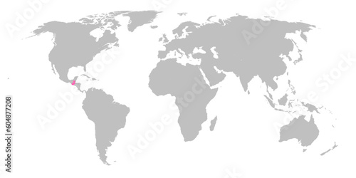 Vector map of the world with the country of Guatemala highlighted in Pink on grey white background.