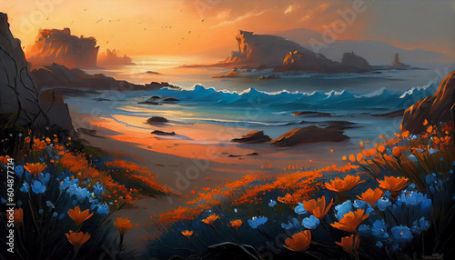 Painting of an ocean view of beautiful flowers