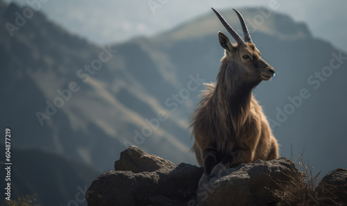 Photo of markhor (Capra falconeri), perched on a rocky outcrop overlooking a sprawling mountain range. images highlighs the markhor's majestic horns and striking coat. Generative AI photo