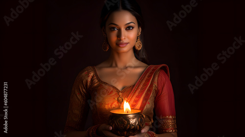 Fictional Indian girl  holding diwali candle  red sari dress  Hindu festival of light  Generative AI