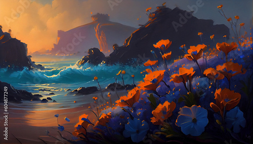 Painting of an ocean view of beautiful flowers