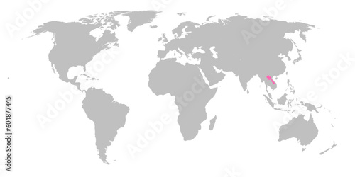 Vector map of the world with the country of Laos highlighted in Pink on grey white background.